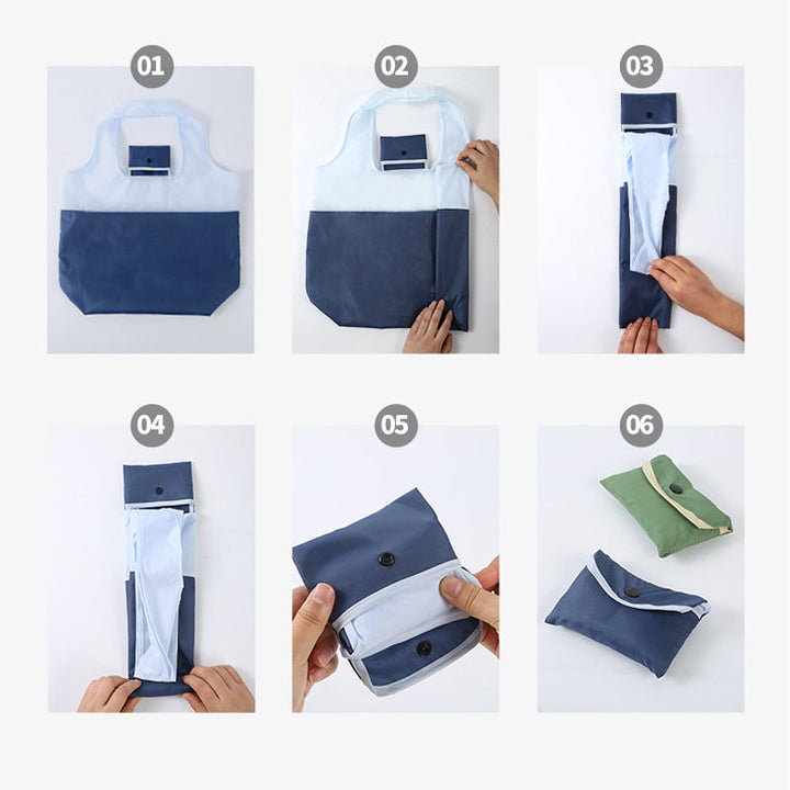 Miljøvenlig indkøbspose i blå, grøn, lilla og cyan; lavet af genanvendt RPET polyester, holdbar og let.