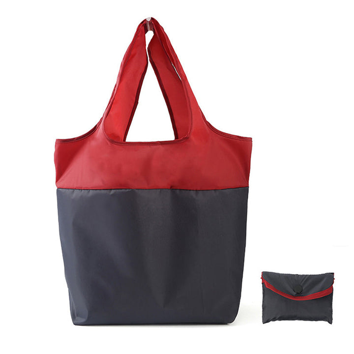 Miljøvenlig indkøbspose i blå, grøn, lilla og cyan; lavet af genanvendt RPET polyester, holdbar og let.