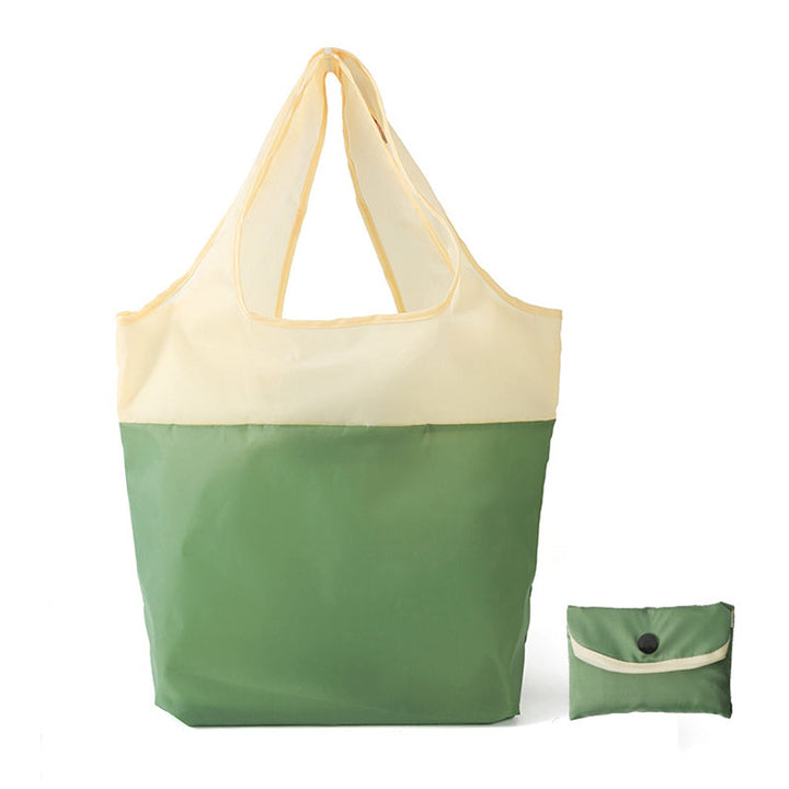 Miljøvenlig indkøbspose i blå, grøn, lilla og cyan; lavet af genanvendt RPET polyester, holdbar og let.