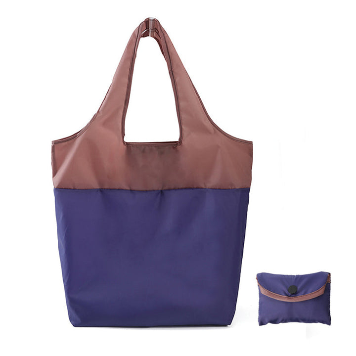 Miljøvenlig indkøbspose i blå, grøn, lilla og cyan; lavet af genanvendt RPET polyester, holdbar og let.