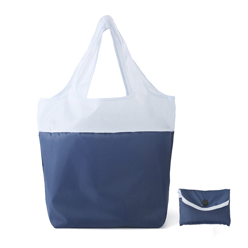 Miljøvenlig indkøbspose i blå, grøn, lilla og cyan; lavet af genanvendt RPET polyester, holdbar og let.