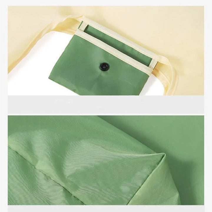 Miljøvenlig indkøbspose i blå, grøn, lilla og cyan; lavet af genanvendt RPET polyester, holdbar og let.
