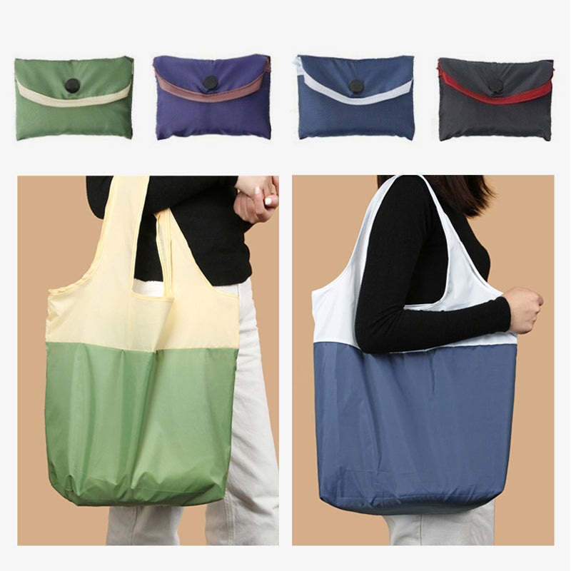Miljøvenlig indkøbspose i blå, grøn, lilla og cyan; lavet af genanvendt RPET polyester, holdbar og let.