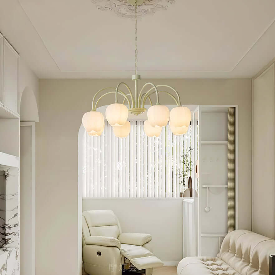 Moderne loftlampe i matcha-stil, tæt på skærmen