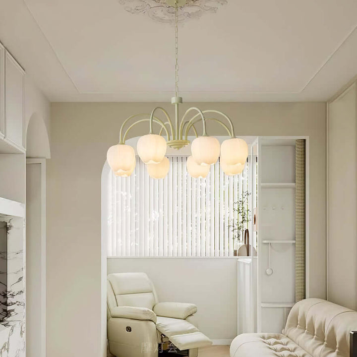 Moderne loftlampe i matcha-stil, tæt på skærmen