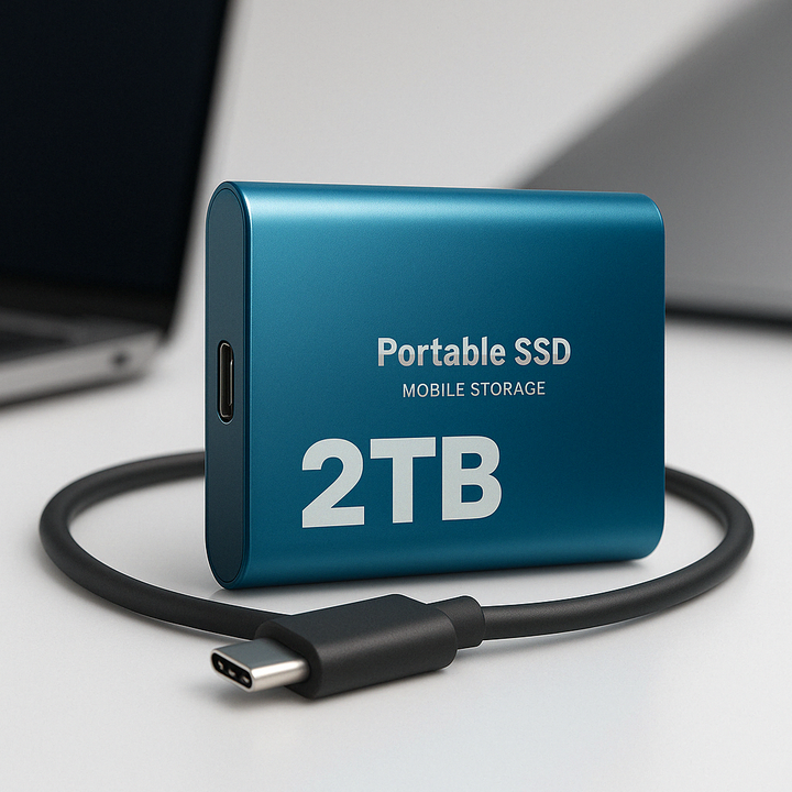 Blå bærbar solid state drive, et kompakt USB-C drev til sikker datalagring.