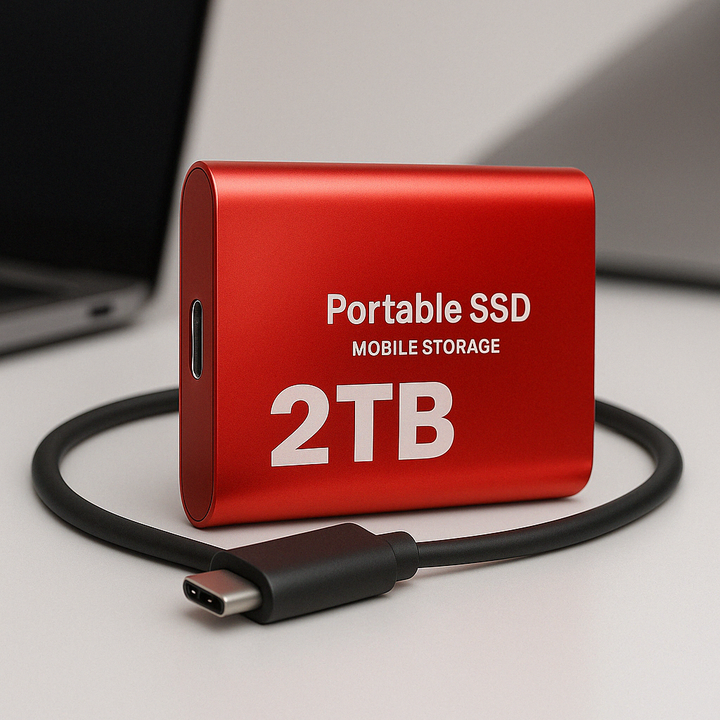 Rød ekstern SSD som PC/laptop tilbehør, lynhurtig backup løsning på farten.