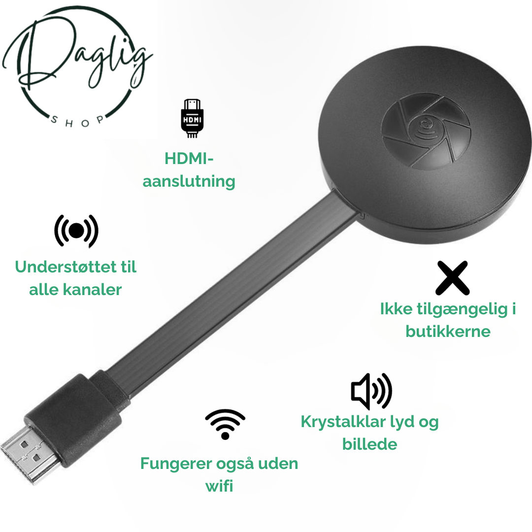 Kompakt trådløs TV streamer til rejse. Nyd underholdning fra mobil på TV, selv uden internet.