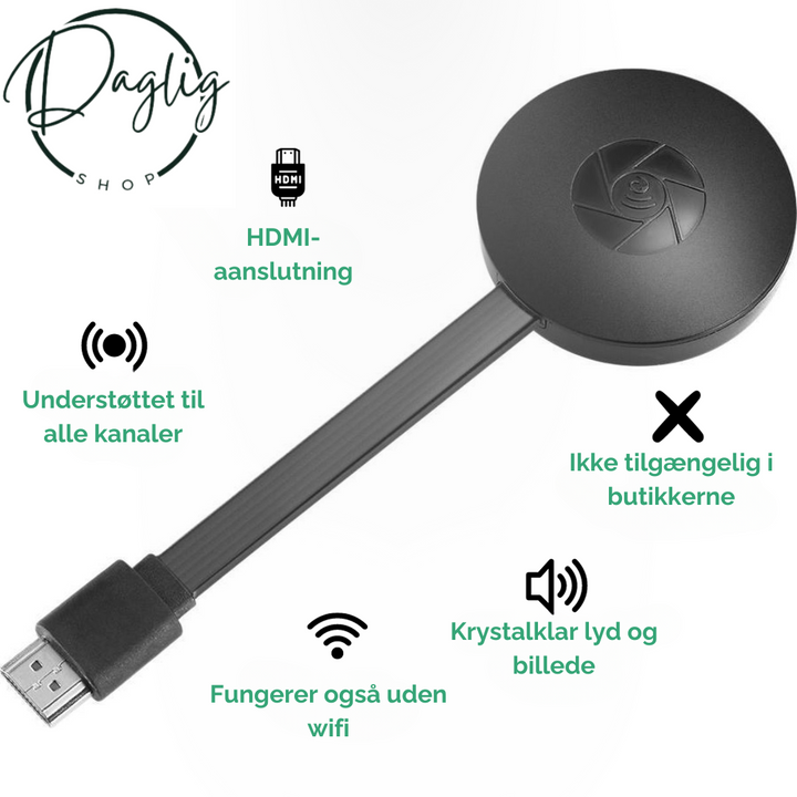 Kompakt trådløs TV streamer til rejse. Nyd underholdning fra mobil på TV, selv uden internet.