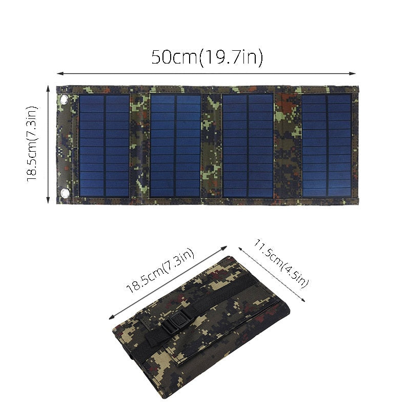 Robust 50W foldbart solpanel i sort design, perfekt til vandring og udendørs opladning.