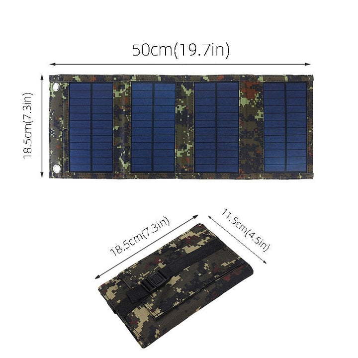 Robust 50W foldbart solpanel i sort design, perfekt til vandring og udendørs opladning.