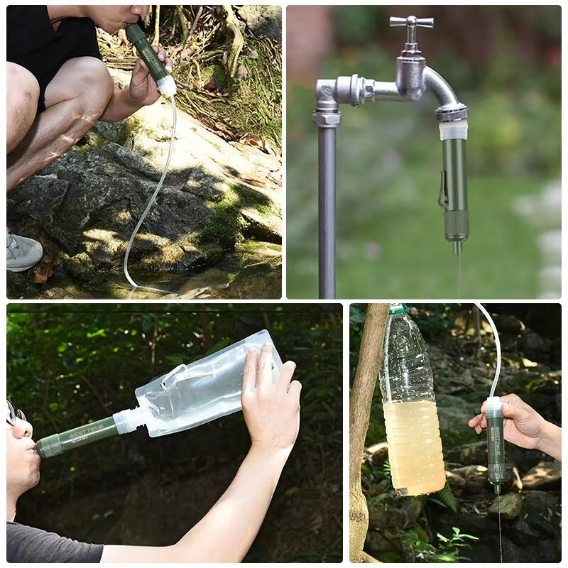 Outdoor gruppe drikker sikkert vand med bærbart vandfilter under en campingtur i naturen.