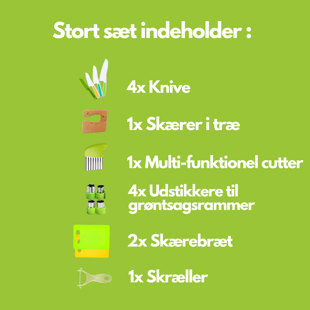 Udviklingslegetøj til små kokke. Børn lærer sikkert madlavning med børneknive og køkkenredskaber.