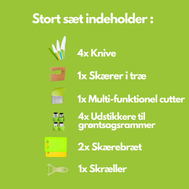 Udviklingslegetøj til små kokke. Børn lærer sikkert madlavning med børneknive og køkkenredskaber.