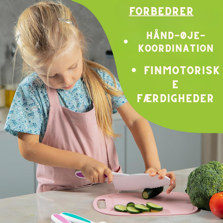 Børnekøkkenlegetøj med sikre redskaber. Inkluderer børneknive til frugt og grønt. Pædagogisk.