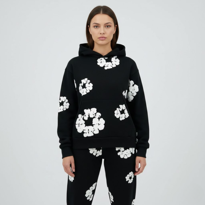Dame blomstret træningssæt i moderne stil. Ideelt aktivtøj & hyggetøj. Blødt materiale.