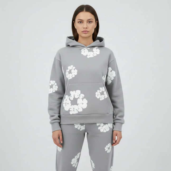 Moderne dame træningssæt med smukt blomsterprint. Optimalt til sport, yoga & afslapning.