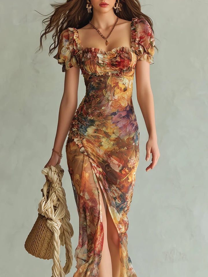 Smuk orange blomstret dame maxikjole med sweetheart hals, en charmerende boheme sommerkjole.