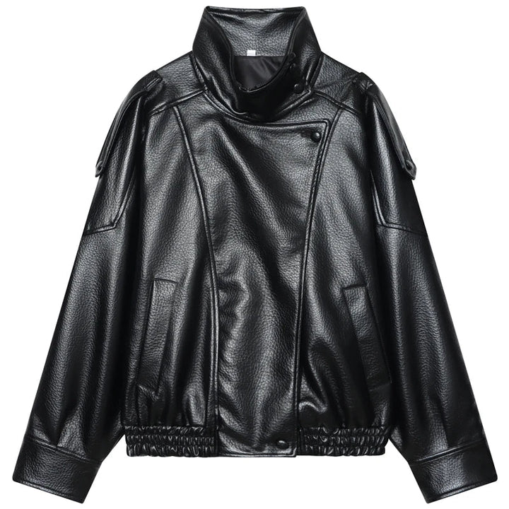 Brun cropped oversized bomberjakke i læderlook til kvinder. Trendy damejakke til forår og efterår.
