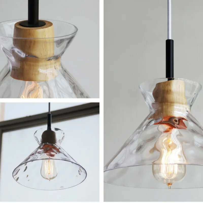 Moderne pendellampe i glas med trædetaljer