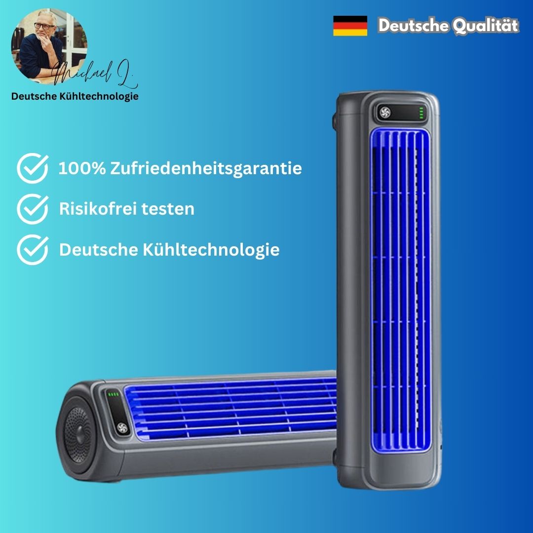 ClimateX bærbar klimaanlæg på et skrivebord, giver personlig, effektiv køling og frisk luft til sommer.
