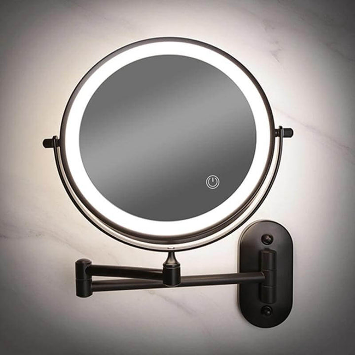 Sort genopladeligt LED-forstørrelsesspejl til makeup og badeværelse