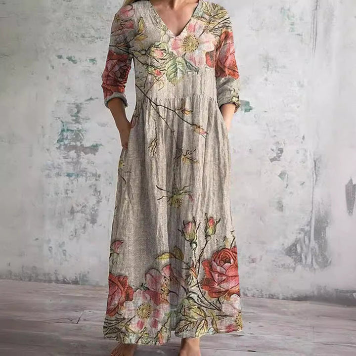 Dame blomsterprint V-hals maxikjole. Perfekt sommerkjole til kvinder, afslappet og feminin.