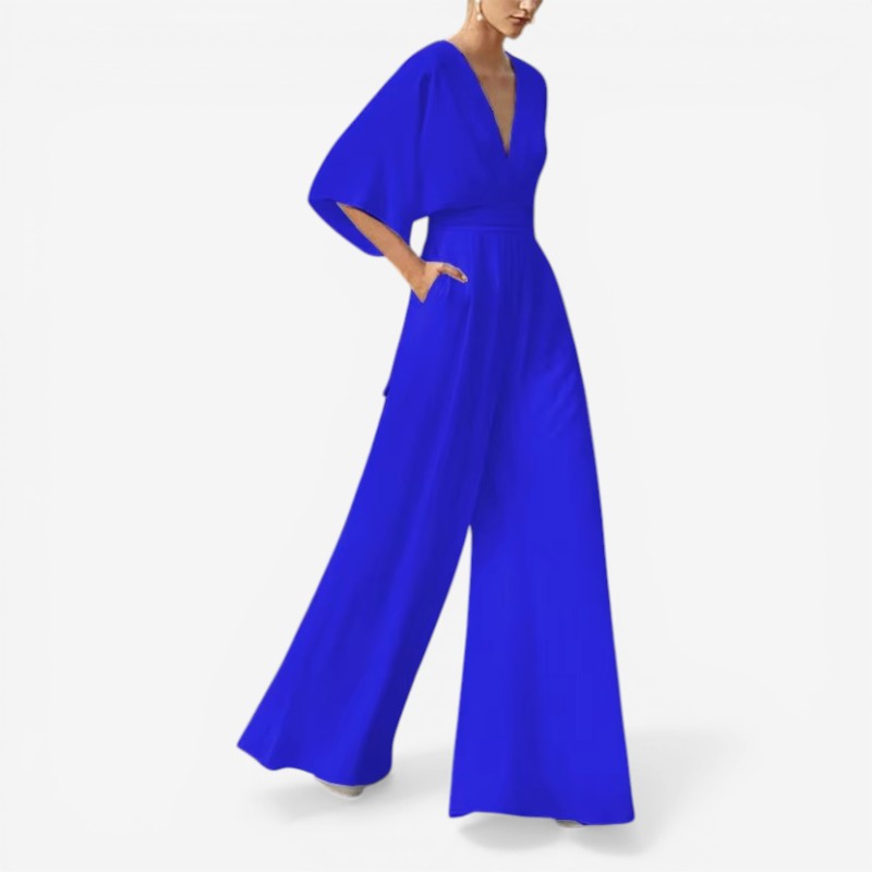Stilfuld dame jumpsuit til sommer med v-hals og løs pasform, klar til hverdag og fritid.