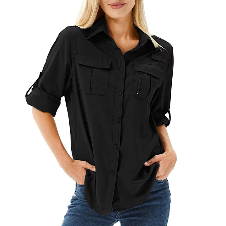 Safari skjorte til kvinder, ideel til rejser og vandring. Langærmet med UPF 50 solbeskyttelse.