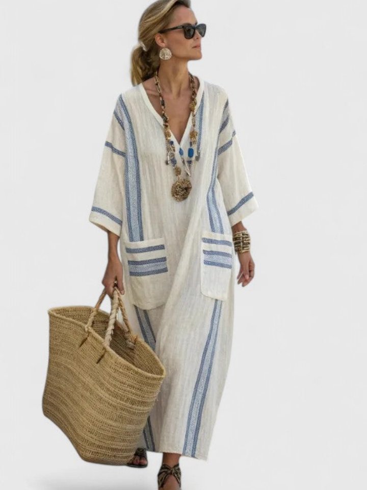 Oversized boho dame maxikjole i linnedlook med striber og elegant V-hals design.