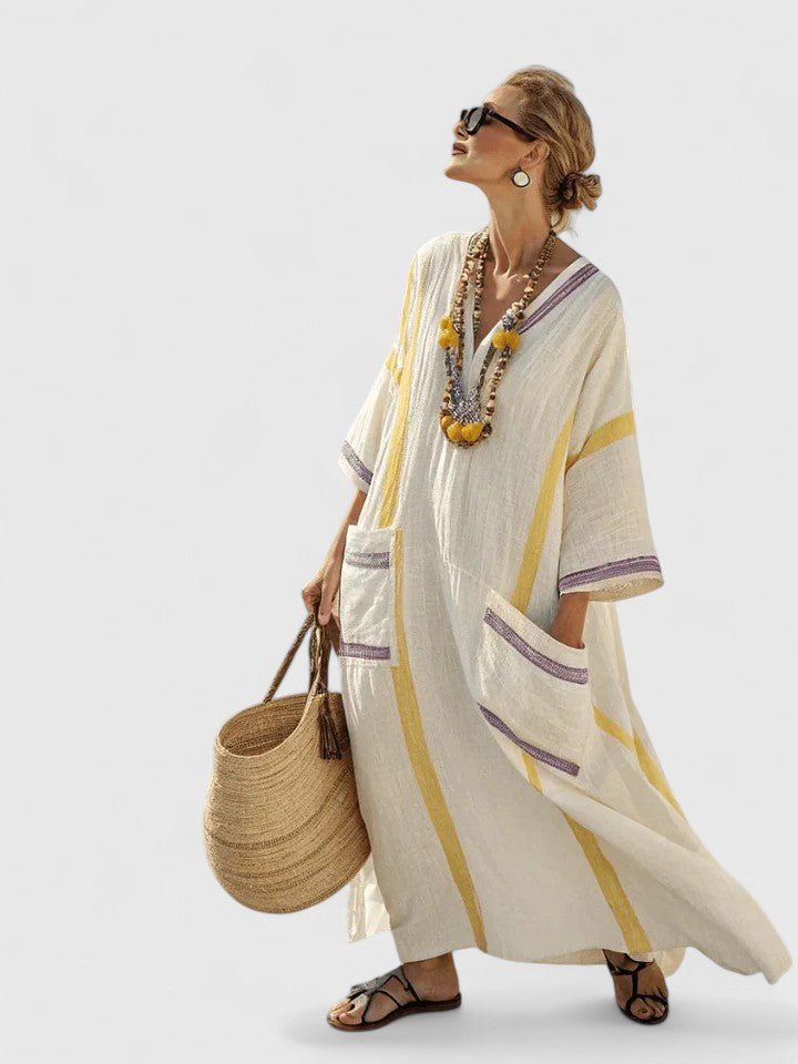 Boho-inspireret stribet sommer maxikjole til damer med V-hals for en afslappet stil.