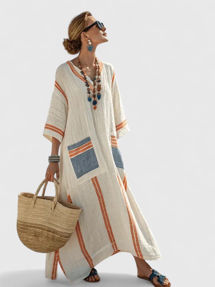 Elegant oversized maxikjole til damer med V-hals og smukke striber i linnedlook.