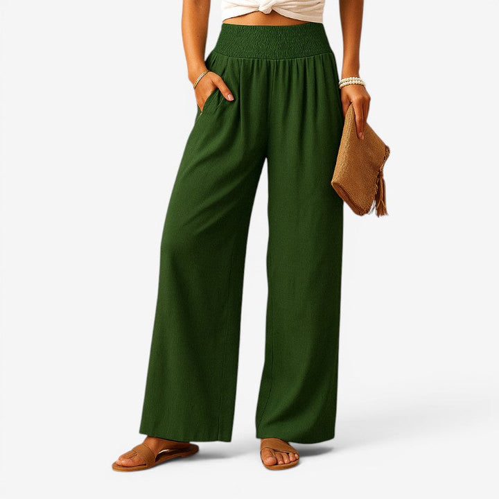 Bløde damebukser med brede ben & elastisk talje; perfekt til et afslappet, stilfuldt outfit.