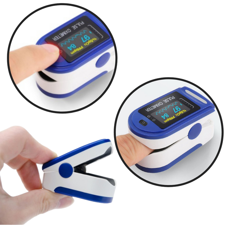 Finger pulsoximeter i brug, måler iltmætning og puls digitalt på en fingerspids for hurtige resultater.