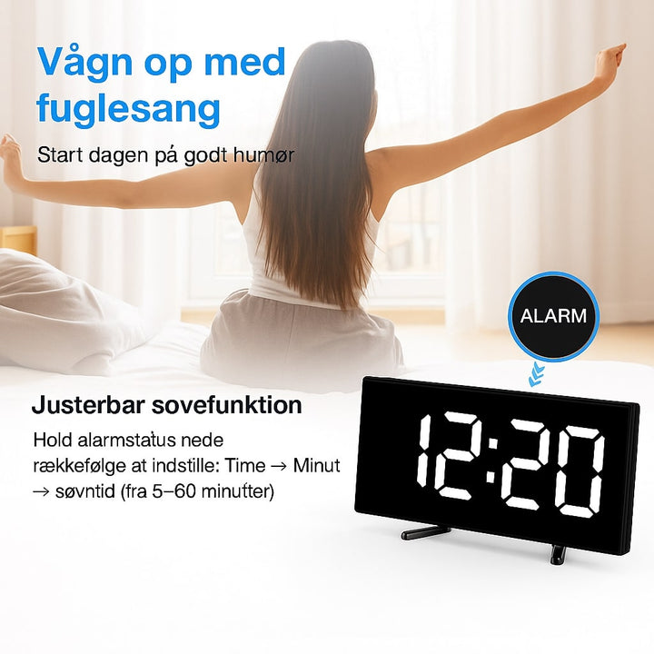 USB-drevet LED vækkeur. Digitalt ur med buet skærm, lyssensor og nem aflæsning om natten.