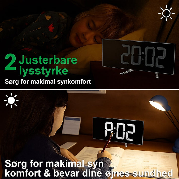 Vækkeur med buet skærm. Digitalt LED display med automatisk lys, perfekt til soveværelset.
