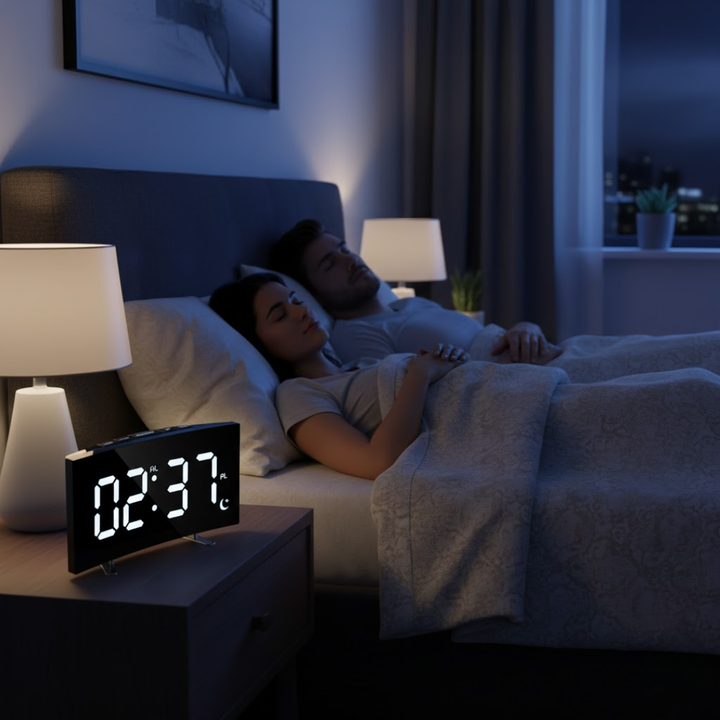LED vækkeur med buet skærm og automatisk lyssensor. Perfekt som stilfuldt natlys.