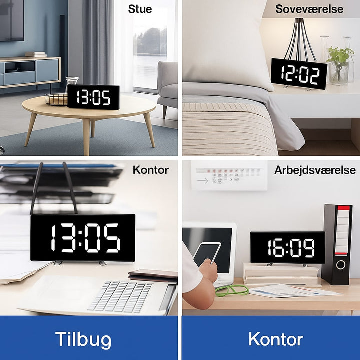 Elegant digitalt vækkeur med buet LED skærm. Stilfuldt bordur til moderne indretning.