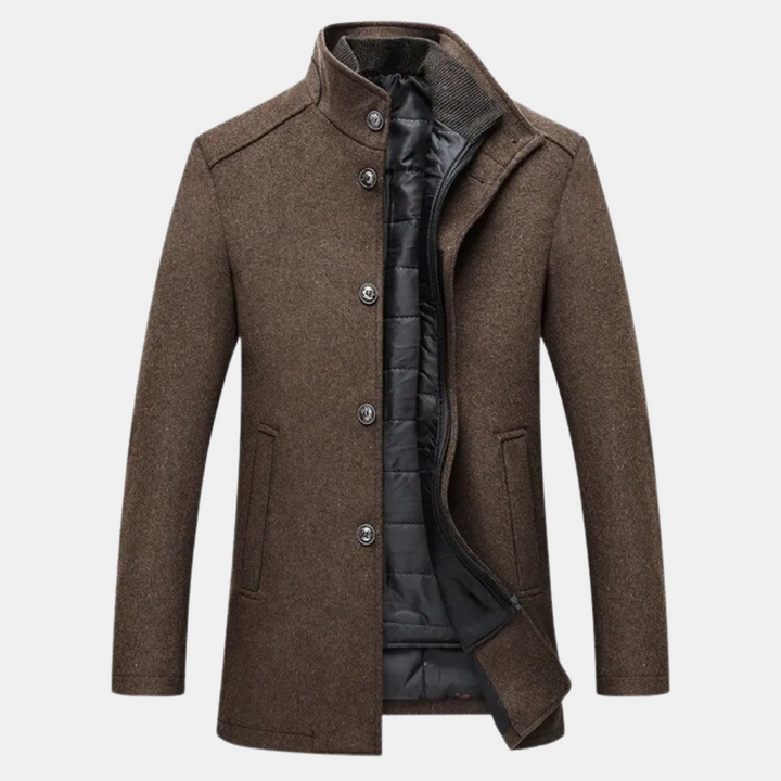 Elegant herrevinterjakke med ståkrave og isolerende komfort, perfekt til vintervejret og herremode.