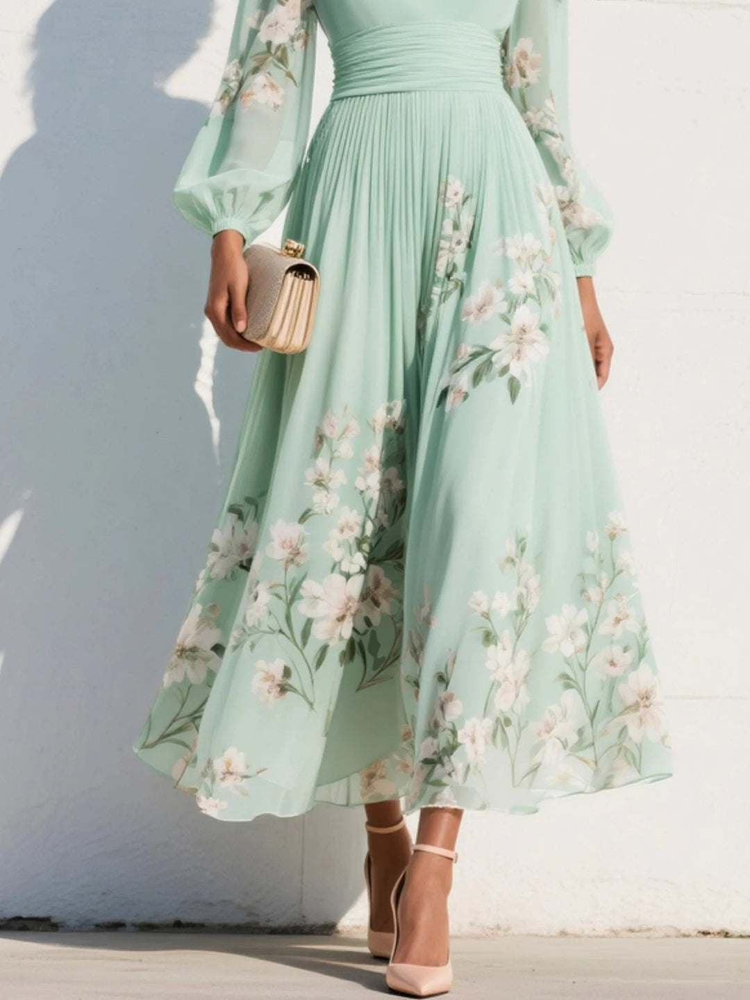 Smuk dame blomster midi-kjole med V-hals og ballonærmer. Festkjole med plisseret skørt, ideel til sommer.