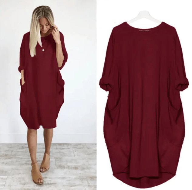 Stilfuld plus size kjole med rund hals og trekvart ærmer. Komfortabel og alsidig damekjole.