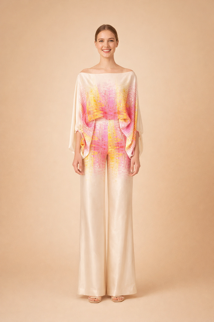 Elegant todelt sæt til festlige lejligheder eller strand. Off-shoulder top og mønstrede videben bukser.
