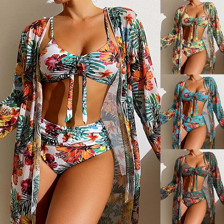 Elegant tre-delt bikini sæt til kvinder. Inkluderer højtaljet bikini og moderne mesh bluse til strandmode.
