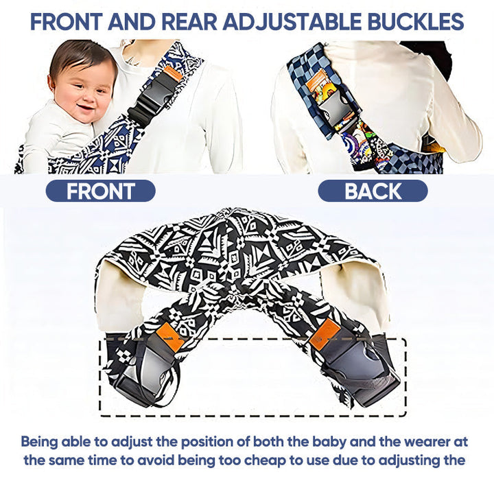 Håndfri rejsebæresele i polyester/bomuld. Ergonomisk design til forældre og sikkerhed for baby.