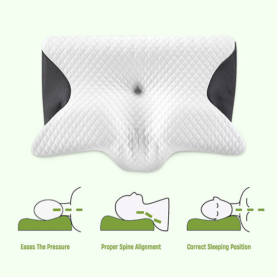 Ergonomisk sommerfuglepude i memoryskum. Designet til optimal støtte og aflastning af nakke og skuldre.