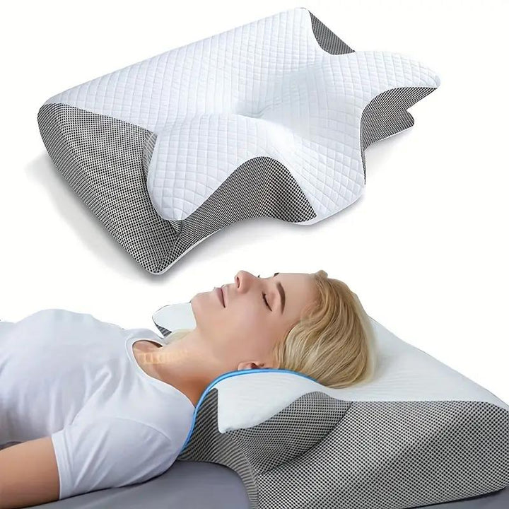 Sommerfuglepude i memoryskum mod nakkesmerter. Ergonomisk støtte giver bedre søvn og aflastning af nakken.