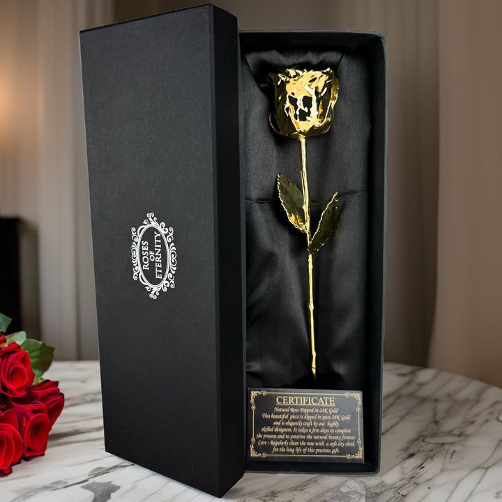 Evighedsrose i 24K guld. Ægte rose dyppet i guld, perfekt som romantisk gave til bryllup eller jubilæum.