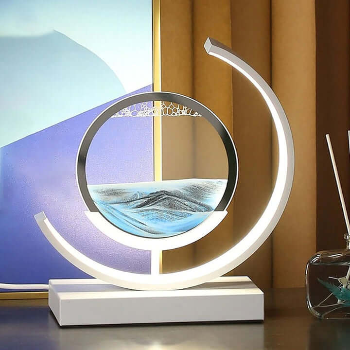 Bevægelig sand bordlampe – Sort sand, hvid ramme