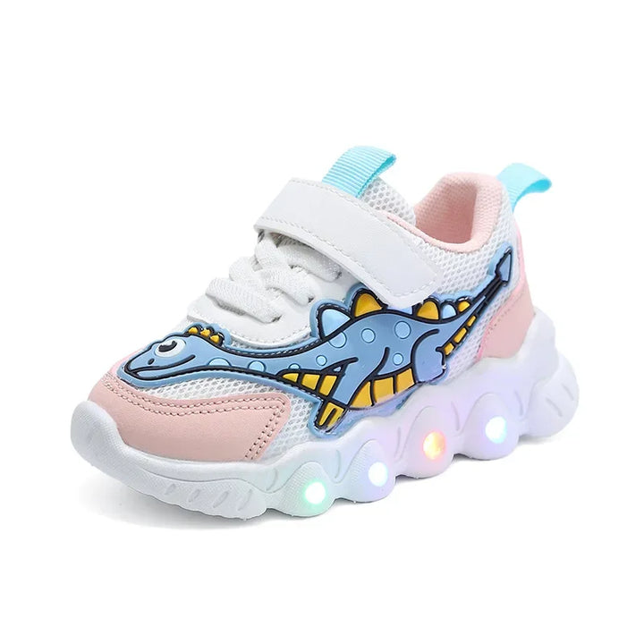 Farverige børnesneakers med LED-lys og velcro, perfekte til aktiv leg og komfort.