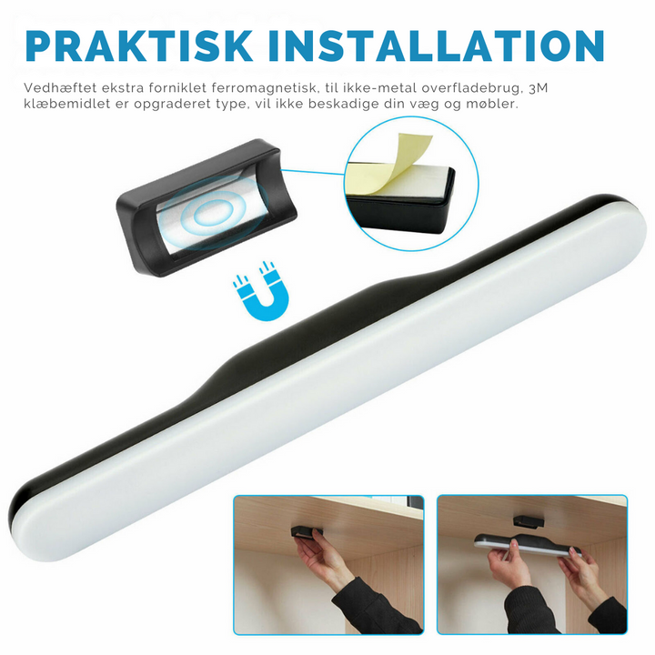 Moderne magnetisk LED-lampe med genopladeligt batteri. Giver fleksibel indendørs belysning i et stilrent design.